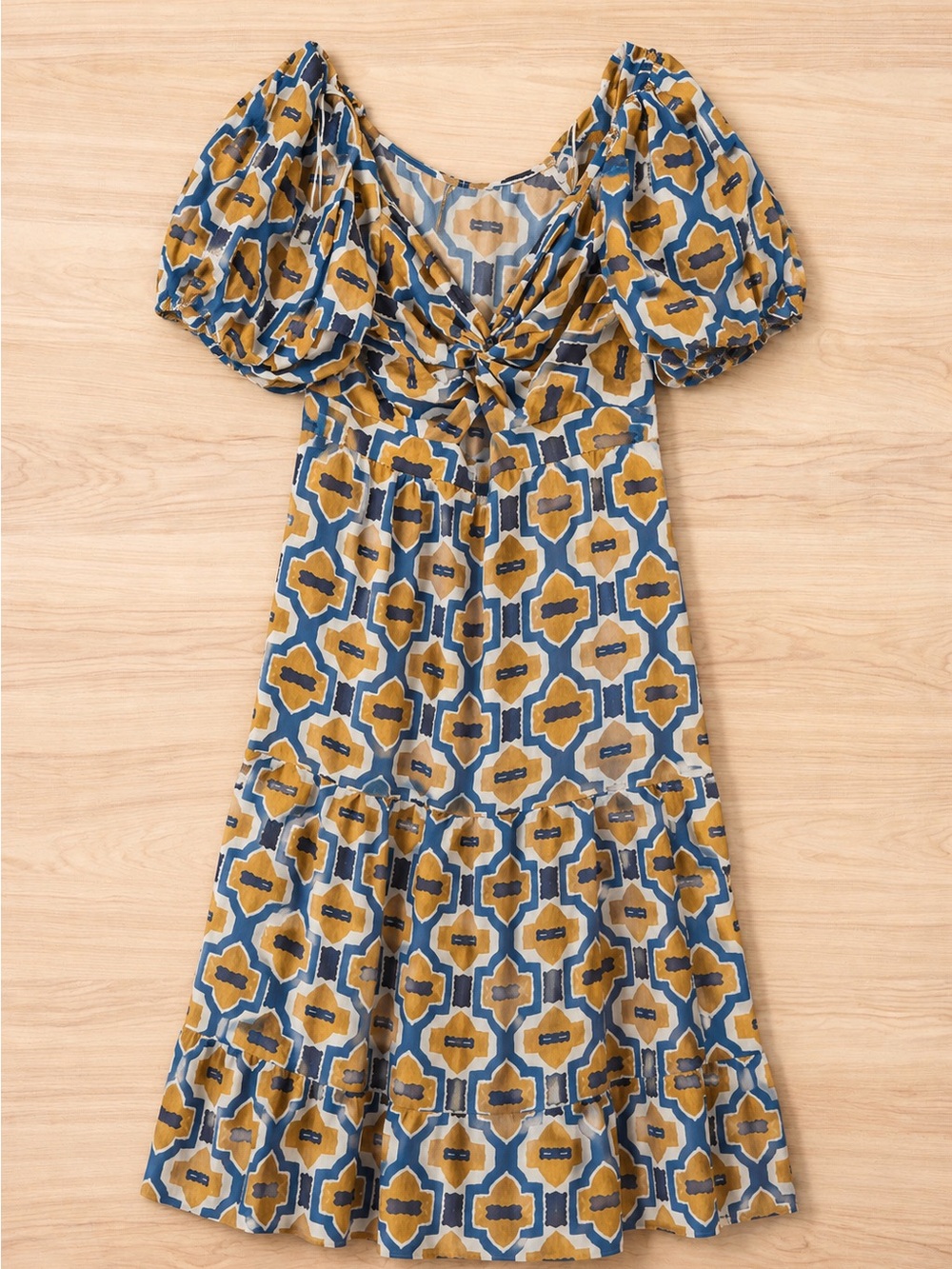 Anthropologie Printed V-Neck Geometric Puff-Sleeve Maxi Dress